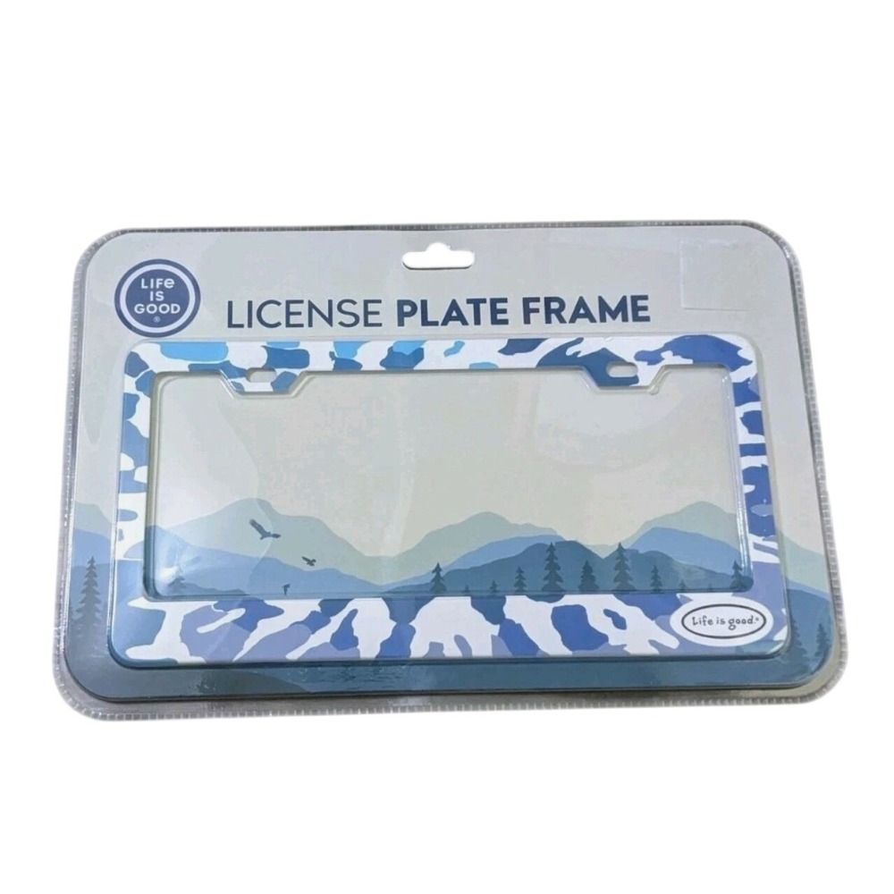 Life is Good License Plate Frame Blue Mountain Camo‎ Stainless Steel Nature New